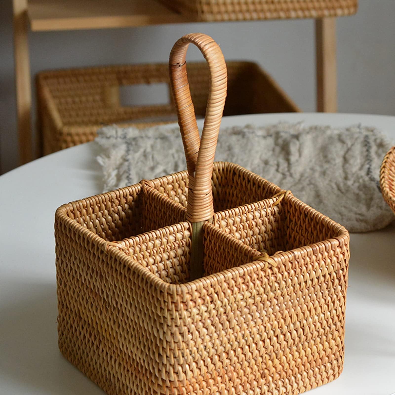 YLME Cesta de Mimbre, Caja de Almacenamiento, Cesta para Cubiertos de Cocina, Estante para Almacenamiento de Vino,A