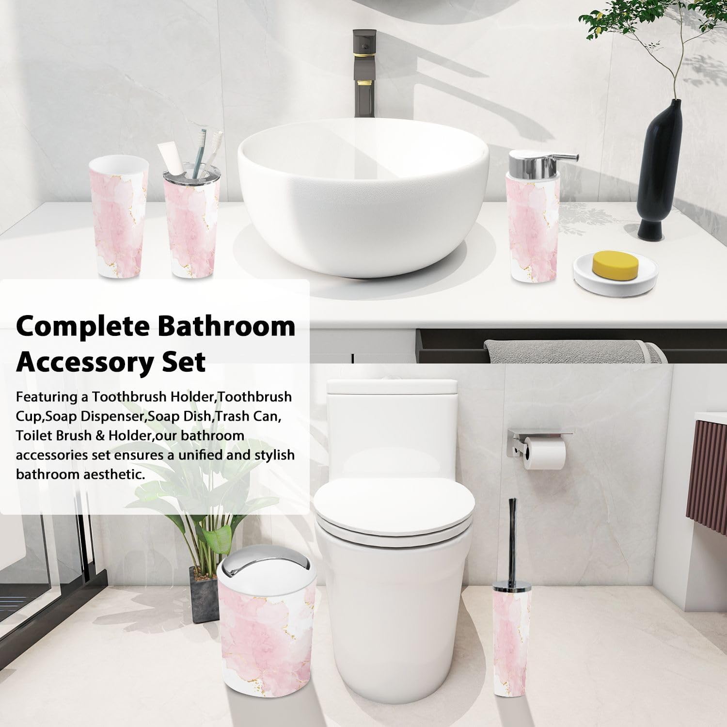 Bathroom Accessory Set 6 Piece Boho Abstract marbling Purple Marble Golden Veins Fake Painted Trash Can, Toothbrush Holder, Soap Dispenser, Soap Dish, Toothbrush Cup, Toilet Brush Holder