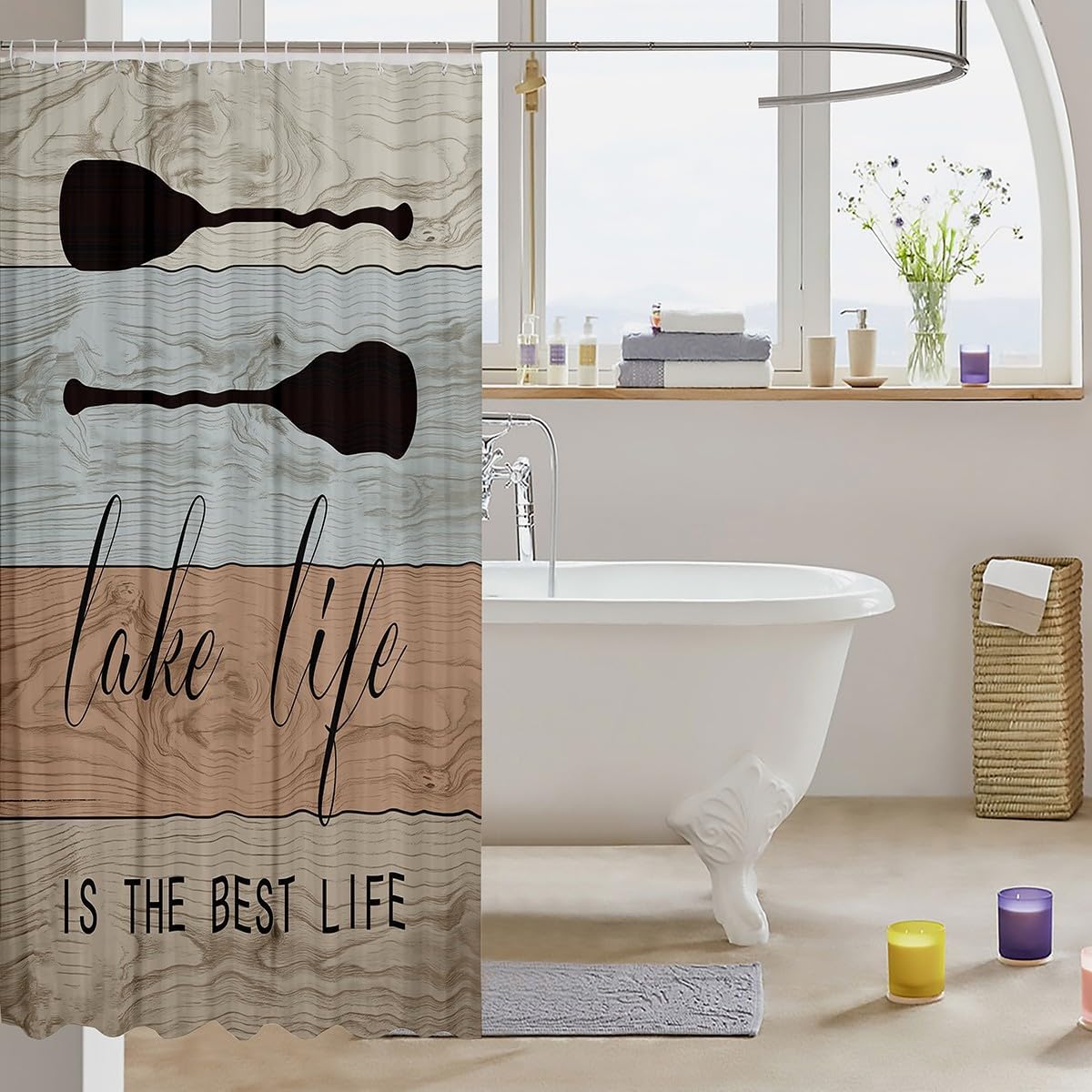 Lake House Life Shower Curtain,Paddle Oars Rowing Boating Hunting Bath Curtain with 12 Hooks,Retro Rustic Farmhouse Wooden Board Waterproof Bathroom Accessories for Bathtublet, 72Wx84L inch