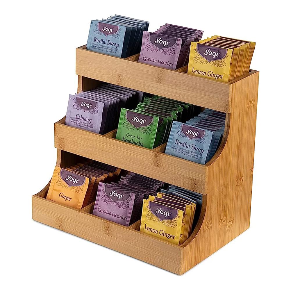 Vertical Tea Bag Organizer - Bamboo Holder can Holds 180 Tea Bag Elegant and Practical Wooden Tea Box for Tea Storage for Home, Office or Cafe. Can also Hold Sugar Packets and Creamers