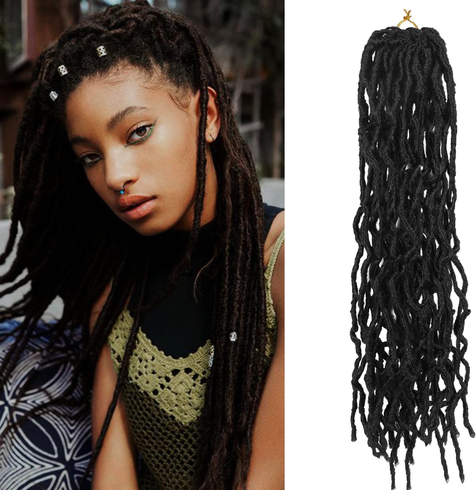 Aomig 18 Inch Natural Black Soft Faux Locs Crochet Braids Hair, Synthetic Pre-Looped Soft Dreadlocks, Braiding Hair Fashion Goddess, Locs Curly Wavy Hair Extensions for Women, African Roots Braid