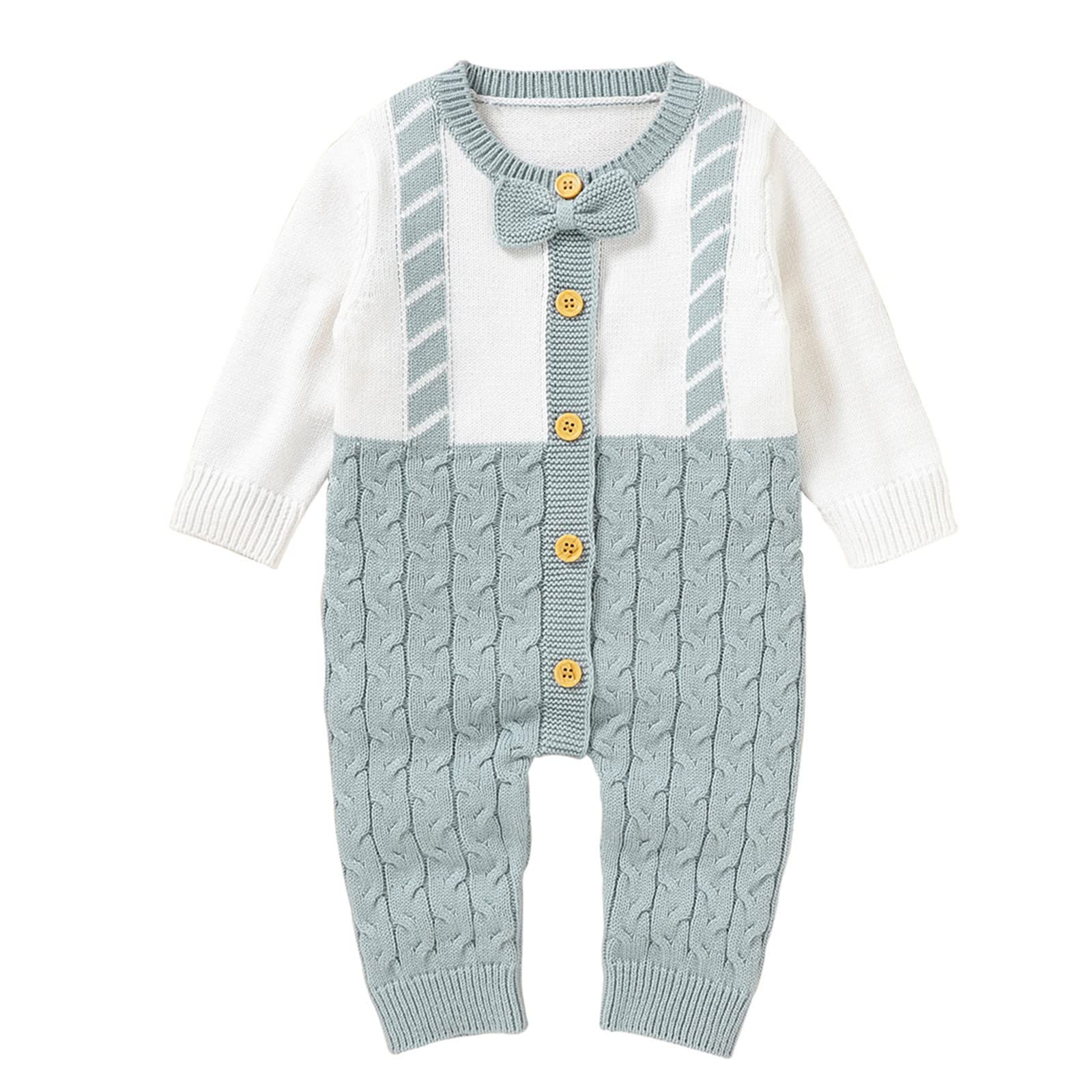RNTOP Baby Boy Sweater Romper Infant Gentleman Bowtie Knitted Jumpsuit Button Down Long (Light Blue, 12-18 Months)