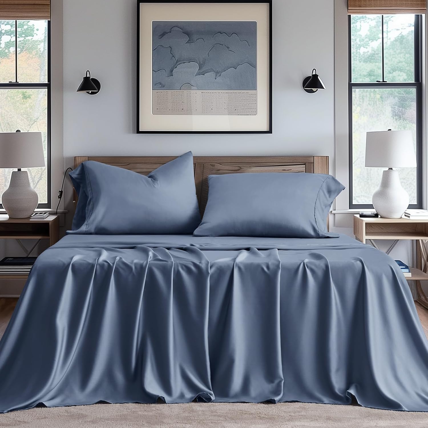 EVERGRACE Tencel Sheet Set Queen Size 4 Pieces?Soft Cooling Bed Sheets for Hot Sleepers, Eucalyptus Lyocell Luxury Breathable Bedding Set, 1 Fitted Sheet, 1 Flat Sheet, 2 Shams, Stormy Blue Stormy Blue Queen
