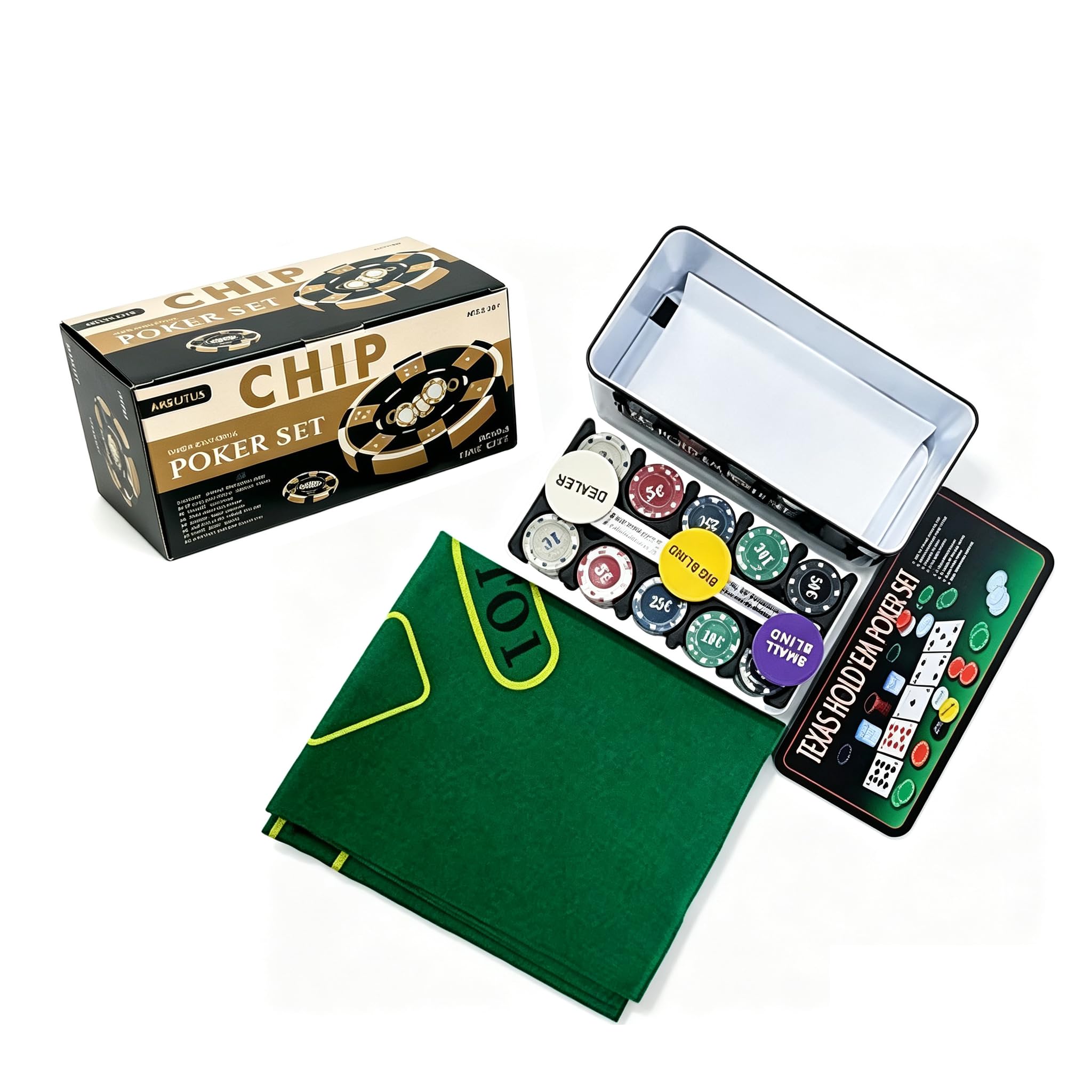 ISDI Set de poker Boîte en métal, 200 jetons de poker, 2 couvertures, bouton livreur, petite aveugle, tapis de jeu