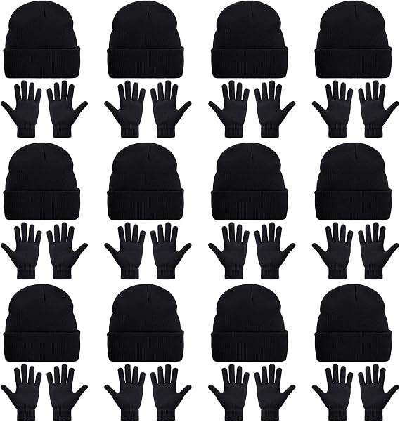 24 Pack Beanie Hats and Gloves Set, Knit Skull Caps and Winter Gloves Bulk for Men Women Warm Gift