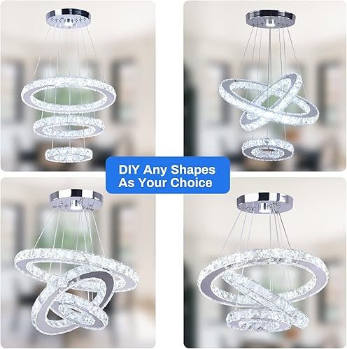 Miniatura 3 de Candelabros modernos de cristal de 3 anillos redondos LED, lámpara colgante de acero inoxidable, lámpara de techo ajustable para comedor,