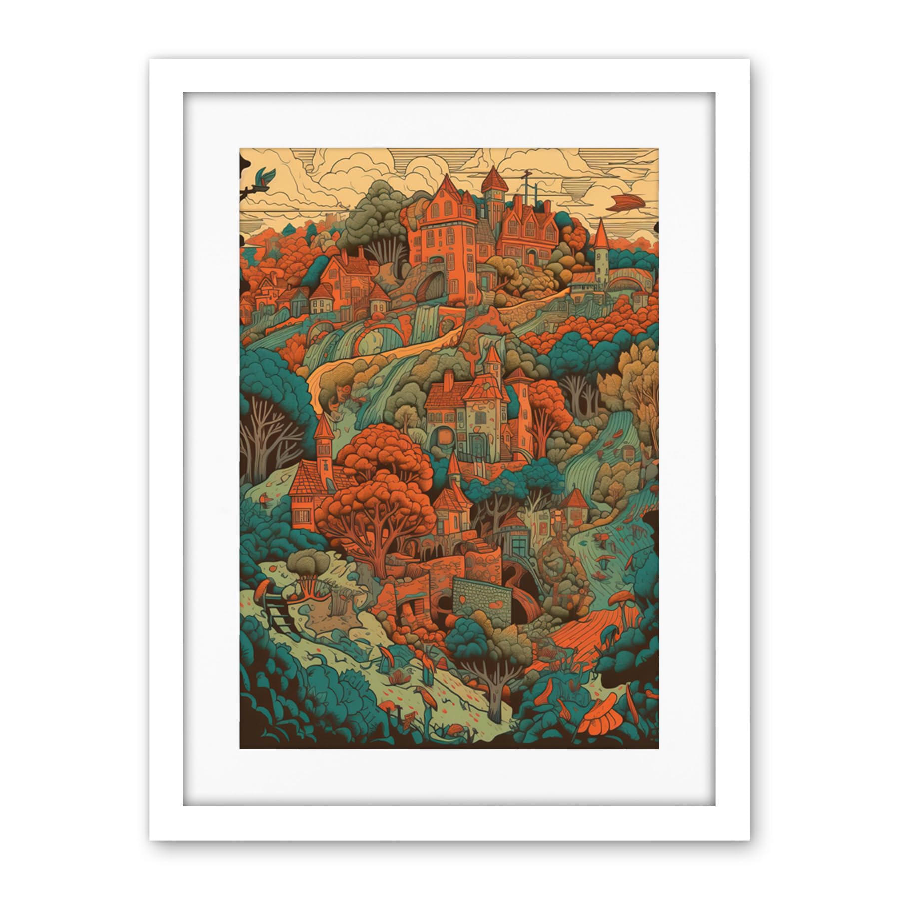 Artery8 Village in Forest Coral and Teal Blue Illustration Artwork Framed Wall Art Print 18X24 Inch