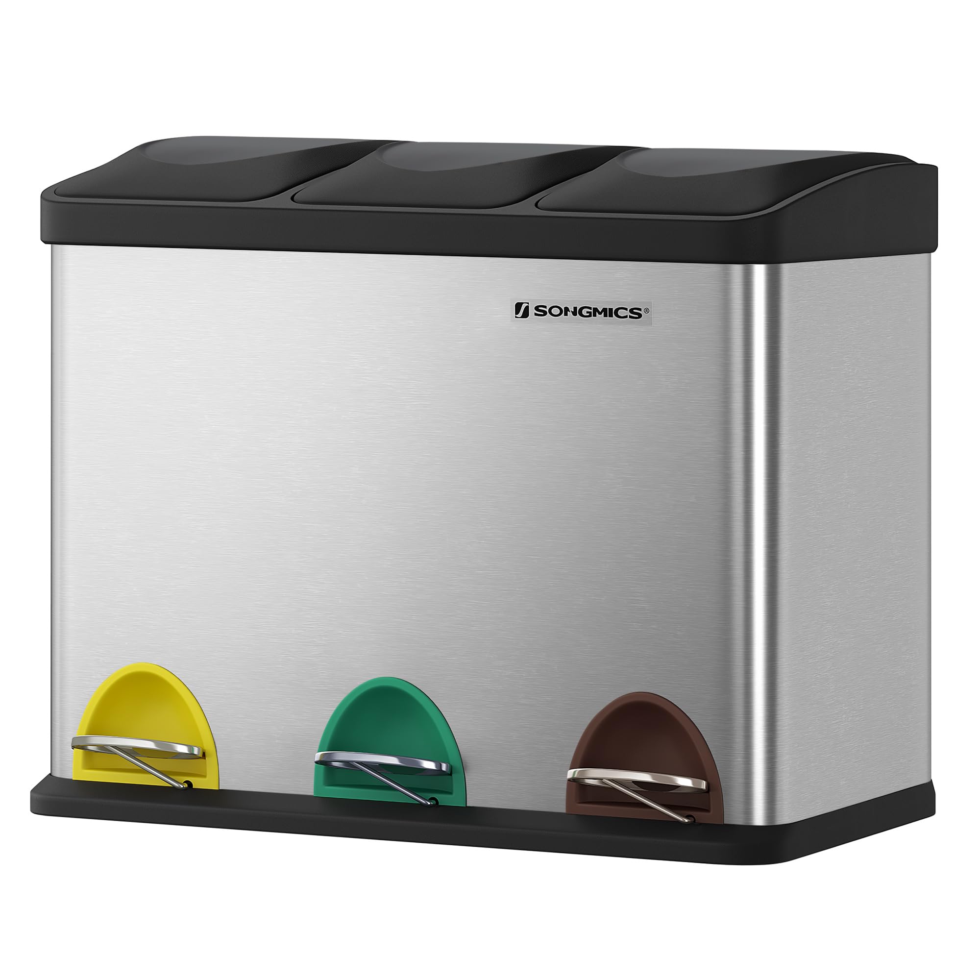 SONGMICS Kitchen Waste Separation System, 3 Compartments, Waste Bin, 45 Litre Metal Pedal Bin, 3 x 15 Litres, Pedal Bin with Lid, Steel, Metallic Silver Ink Black LTB45L