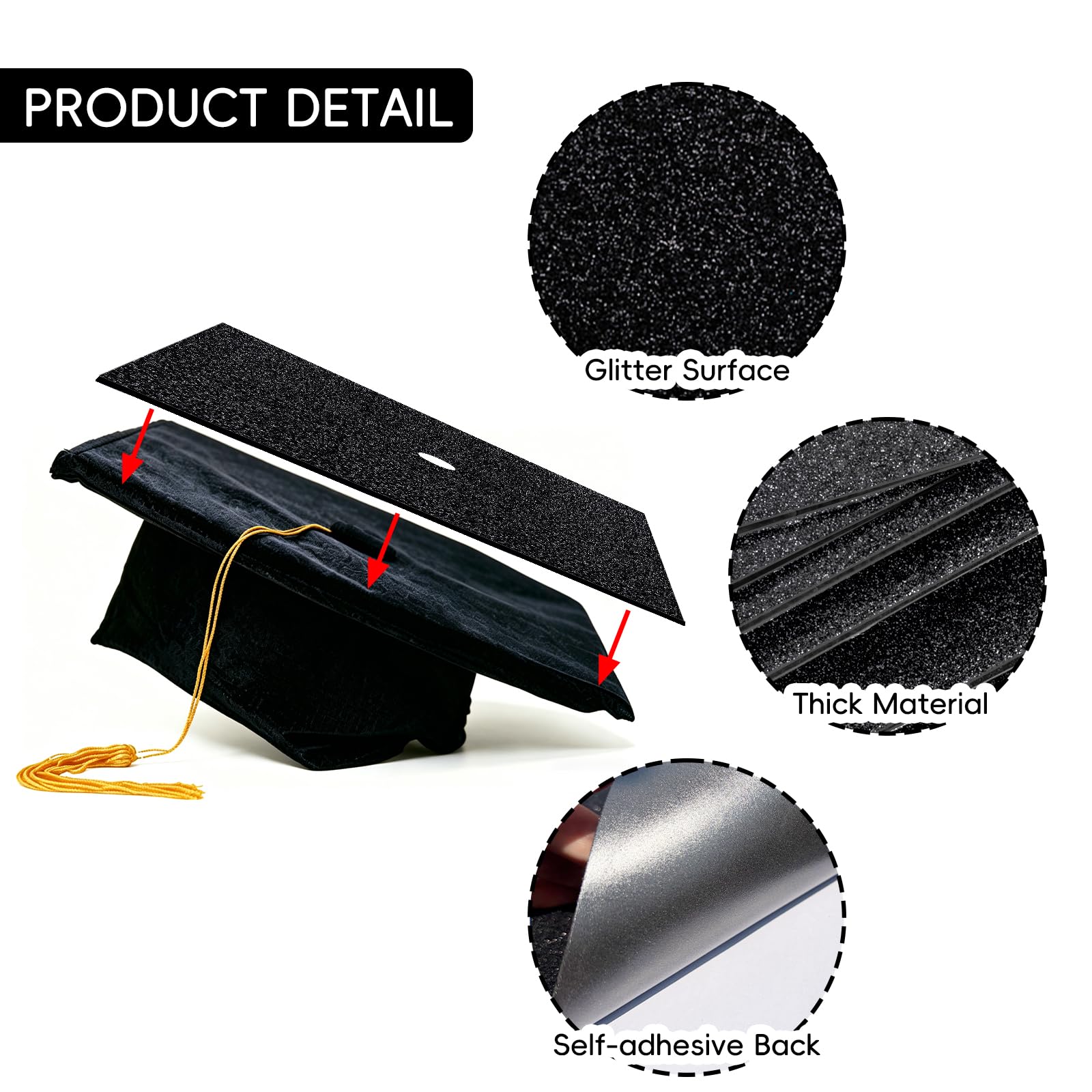 6 Sheets Graduation Cap Decoration Blank Grad Cap Topper Self-Adhesive Glitter Grad Hat Topper Cover Decor for 2026 DIY Graduation Cap Decoration, Black — view 3