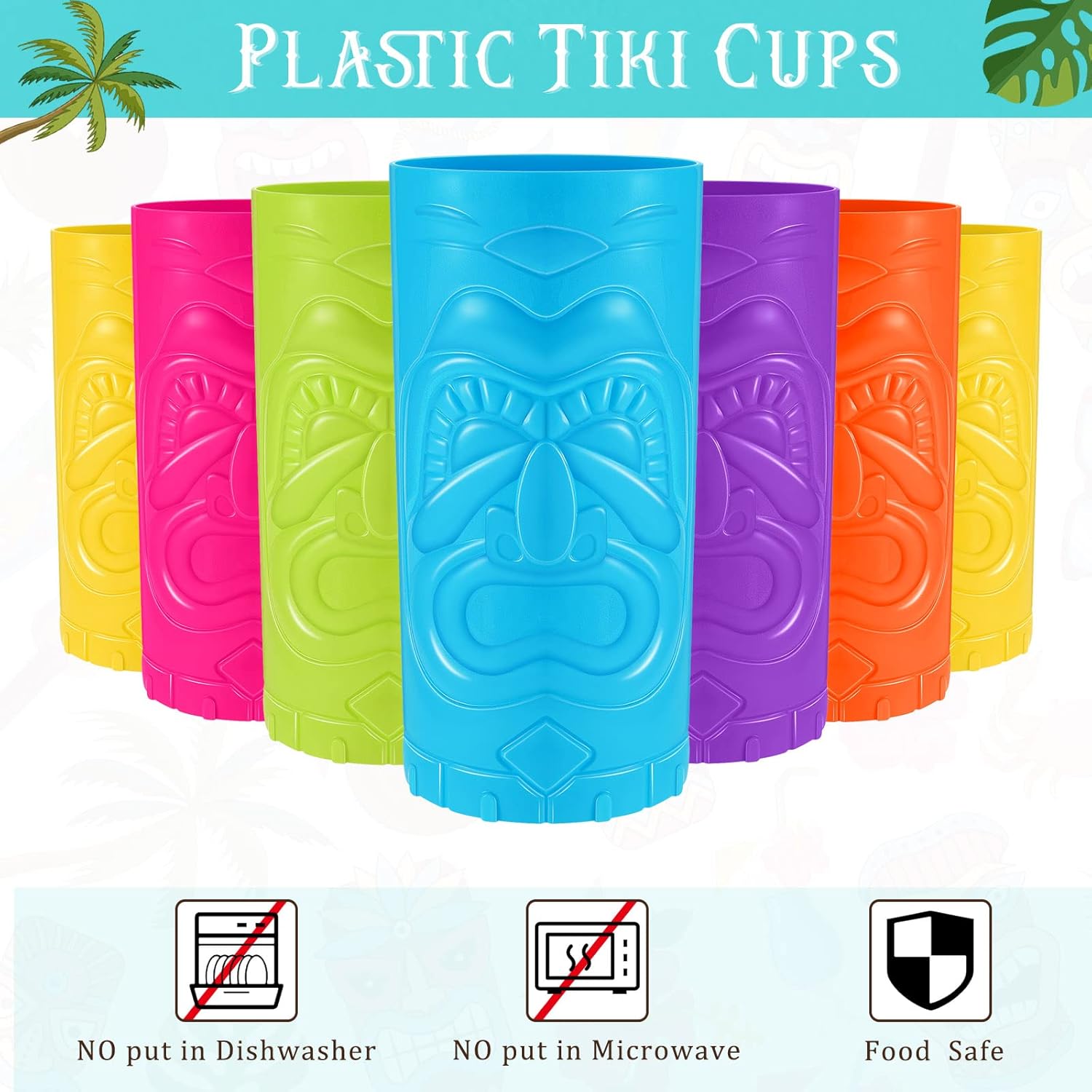Patelai 12 Pcs Plastic Tiki Cups 24 oz Luau Mug Summer Hawaiian Party Decorations for Drinking Bar Cocktail Tumblers Tropical Beach Tiki Totem