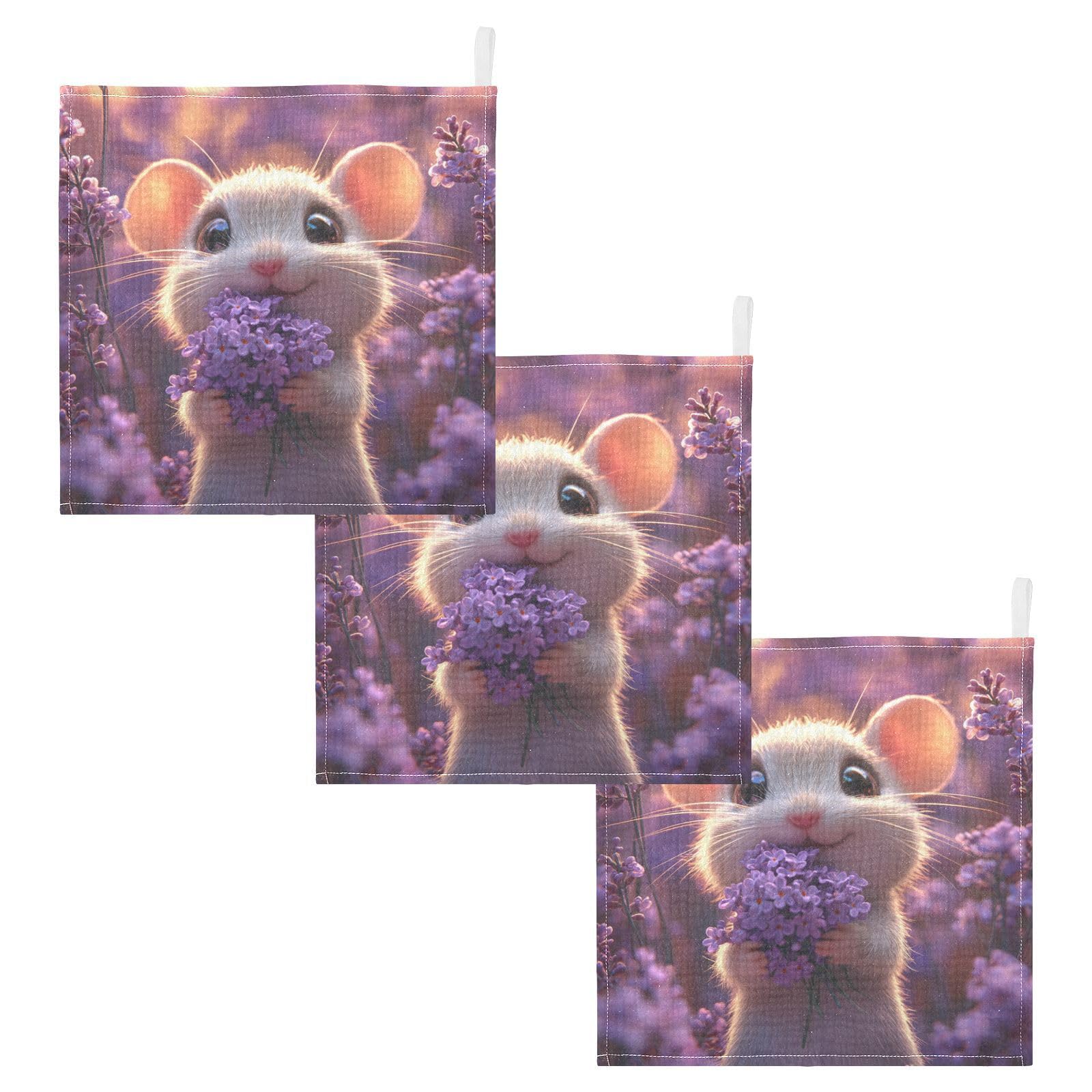 Nander Cute White Mouse and Flowers Baby Muslin Washcloths 3PCS- Soft Face Cloths for Newborn Absorbent Bath Wash