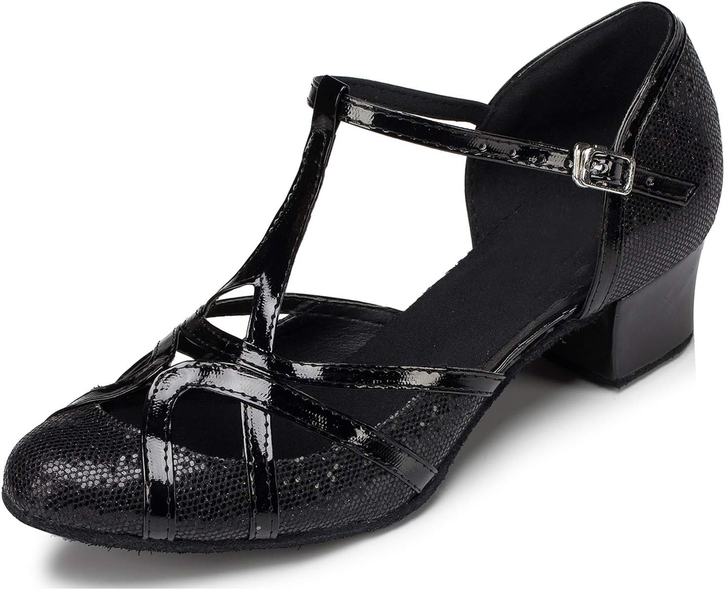 Minishion Women's T-Strap Dance Heels Glitter Salsa Ballroom Shoes Wedding Party Pumps