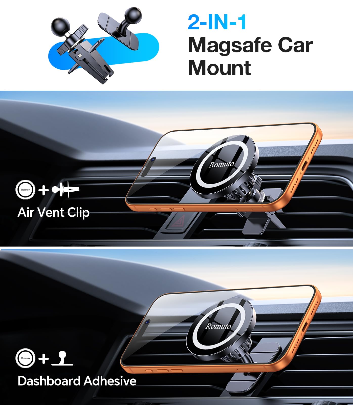 【 Paquete de 2】 Soporte magnético para teléfono para salpicadero de coche [imán fuerte] [4 placas de metal] Soporte magnético para iPhone para coche, rotación de 360°, soporte universal para