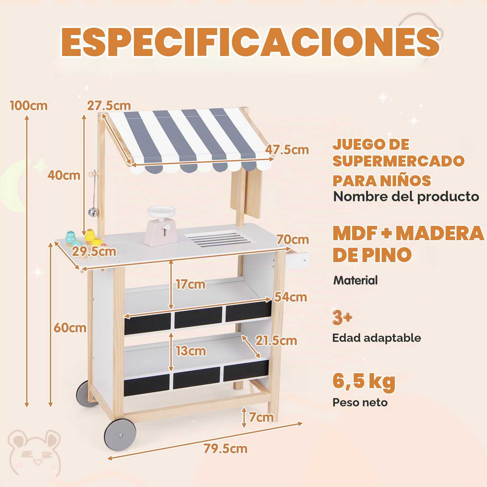 HOMASIS Carrito de Helados Infantil con Accesorios, Tienda de Madera con 2 estantes, heladería con Ruedas móviles y toldo, Juego de casita de muñecas para niños 3+ años, 79,5x29,5x100cm (Blanco)