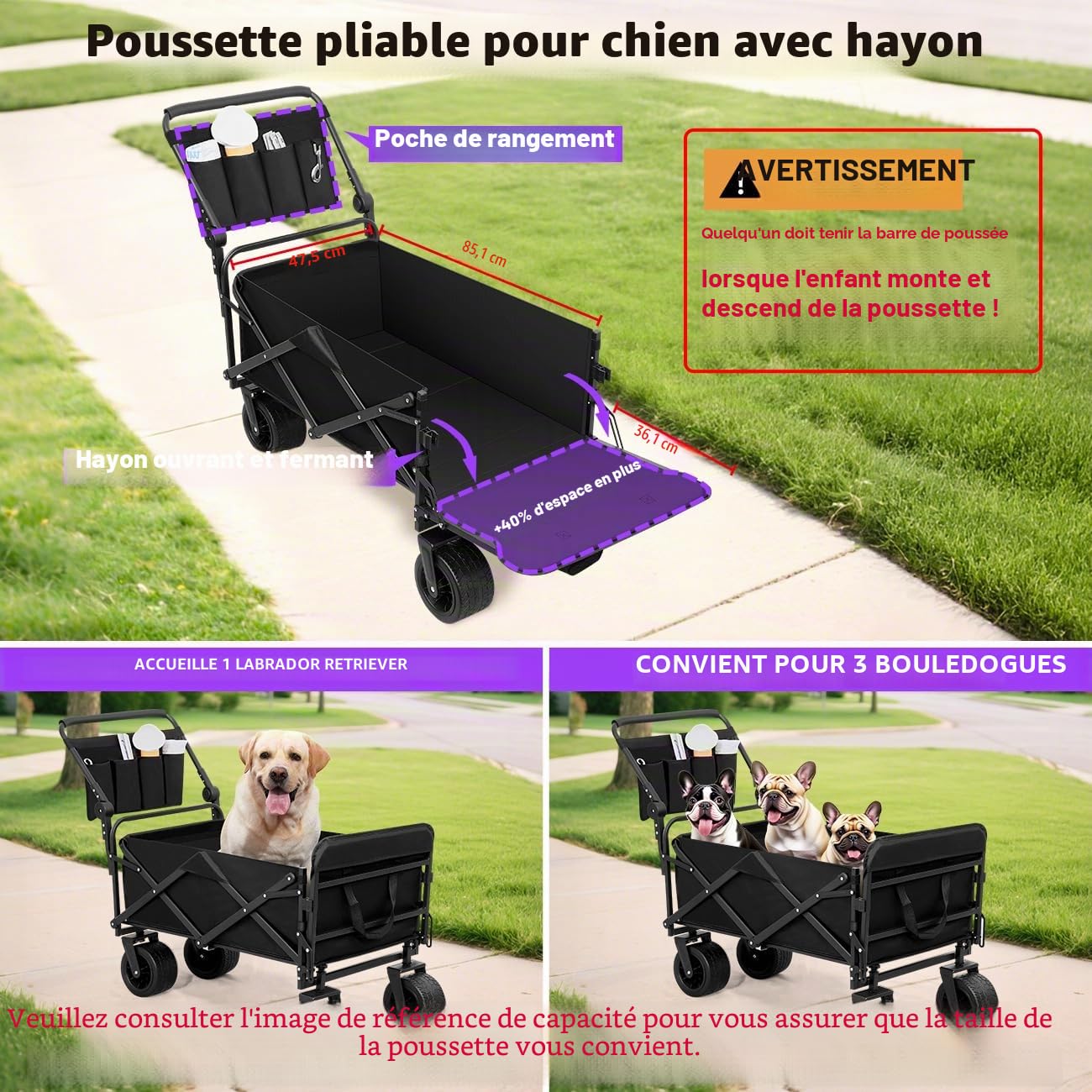 GGW Poussette pour Chien Tout Terrain, pour Chiens de Taille Moyenne à Grande Jusqu'à 50kg, Idéal pour Chiens Âgés et Post-opératoire