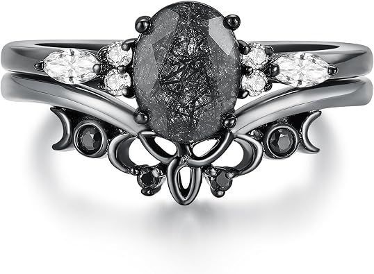 Black Rutilated Quartz Bridal Wedding Rings Set for Women 925 Silver | Plated Platinum/Black Gold, Celtic Knot/Gothic, Engagement Promise Rings, Anniversary Valentine Day Birthday Gift for Her