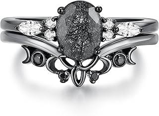 Oval Natural Black Rutilated Quartz Celtic Knot Bridal Wedding Ring Sets with Black Gold