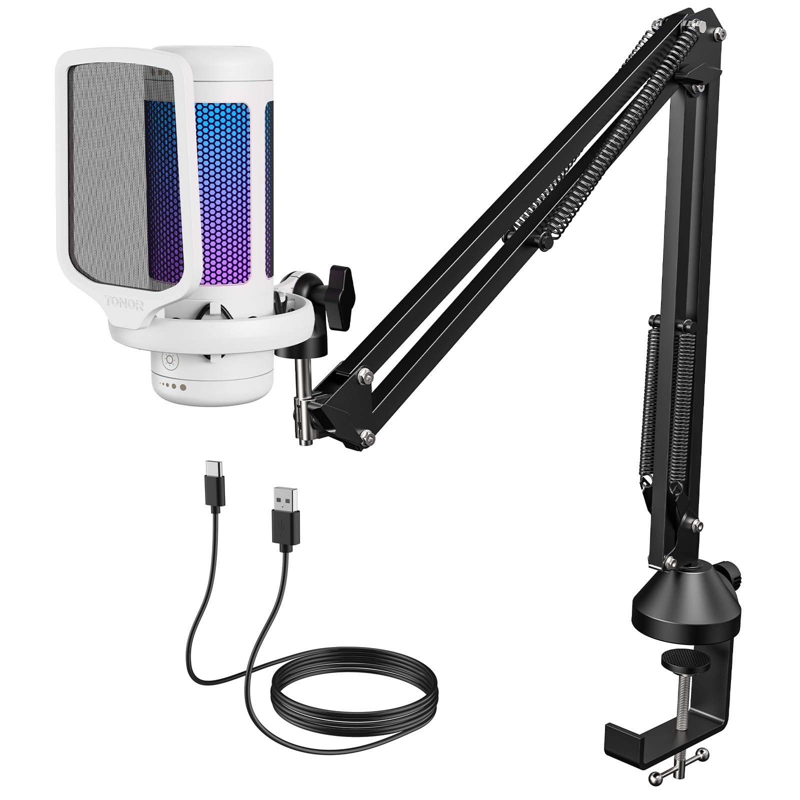 TONORGaming Microphone Arm Set, RGB Condenser Mic with Boom Arm, Quick Mute, Adjustable RGB Brightness, Pop Filter, Shock Mount, Gain Control for Streaming, Discord Twitch YouTube,TC310+ White