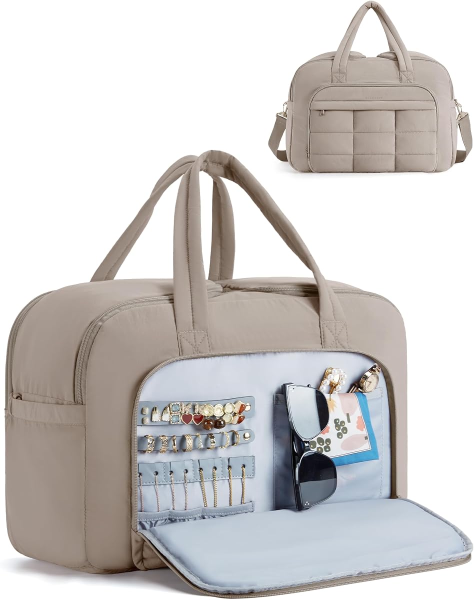 BAGSMART Travel Duffel Bag, Carry on Travel Bag with Jewelry Compartment, 35L Weekender Duffle for Women, Water Resistant, Light Tan