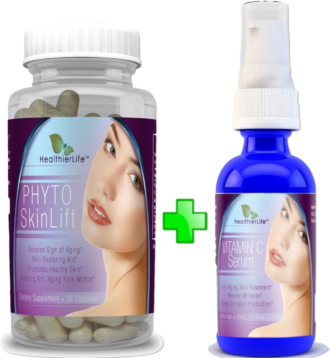 "HealthierLife" Bundle – 2 Items: Phytoceramides Anti Aging Supplement and Natural Vitamin C Serum (The TV Doctor's Best Recommended Natural Anti Aging Supplements for Women and Men) - Fake a Facelift with Breakthrough Anti Aging Formula-Combination of These Two Anti Aging Products Rejuvenates Skin and Leaves Your Skin Radiant & More Youthful... Made in the USA
