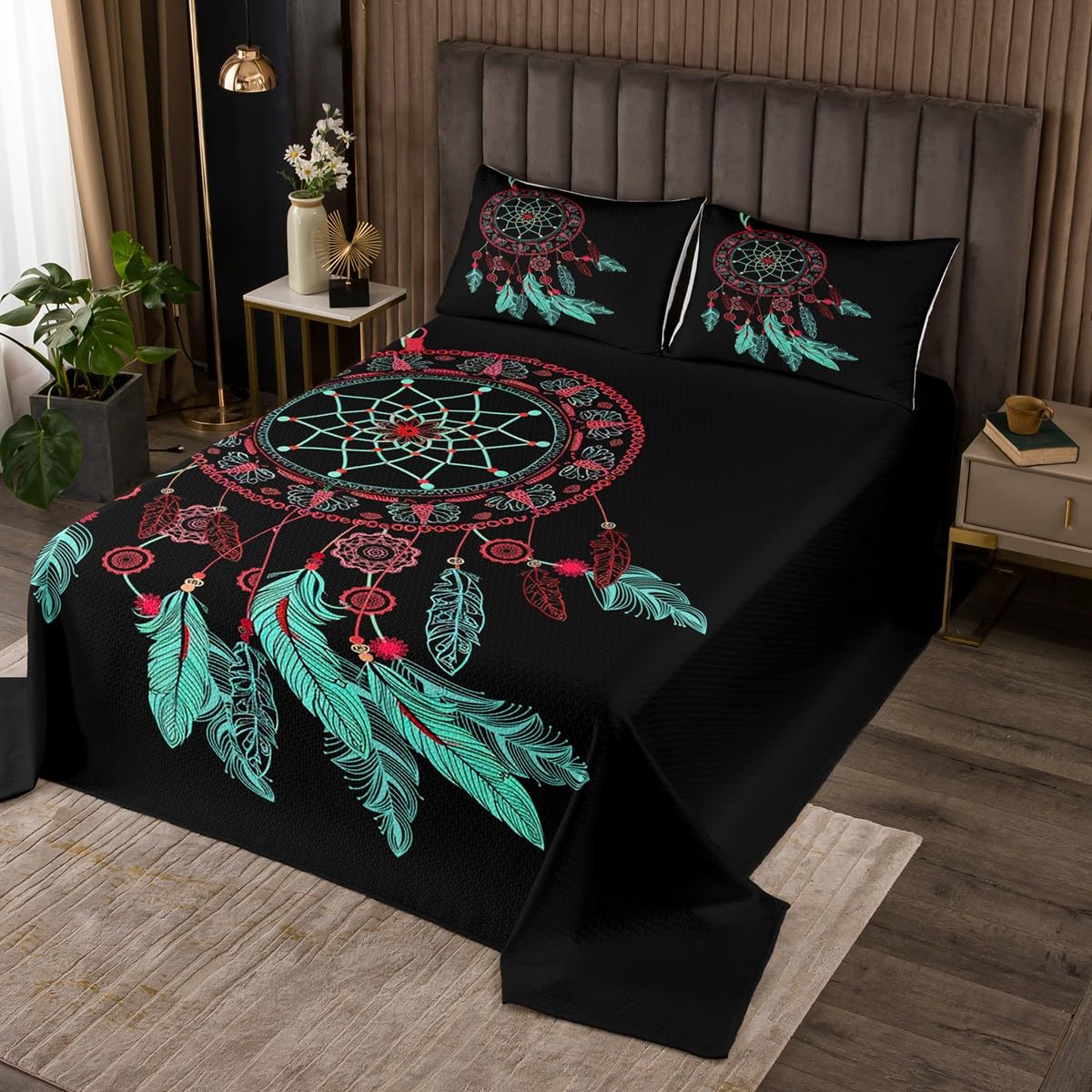 jejeloiu Boys Girls Feather Print Quilted Coverlet Queen Size, Boho Style Coverlet Set Bird Feathers Element Bedspread Kids Teens Bedroom Decor with 2 Pillow Case