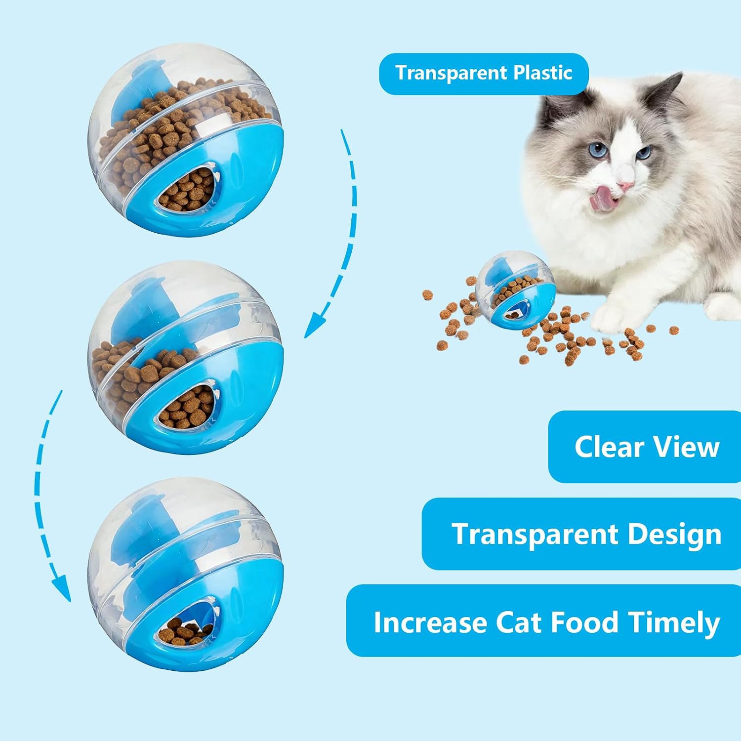 Cat Treat Dispenser Toy, 2 in 1 Cat Treat Ball for Cats, 2 x 2in Interactive Plastic Food Toy with Adjustable Leakage Mouth for Pets Playing and Exercising, Blue image 5
