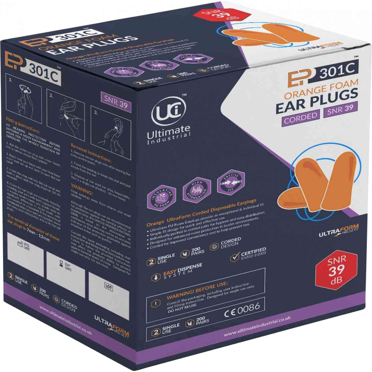 Hearing UCI Boîte de 200 bouchons d'oreille en polyuréthane Orange