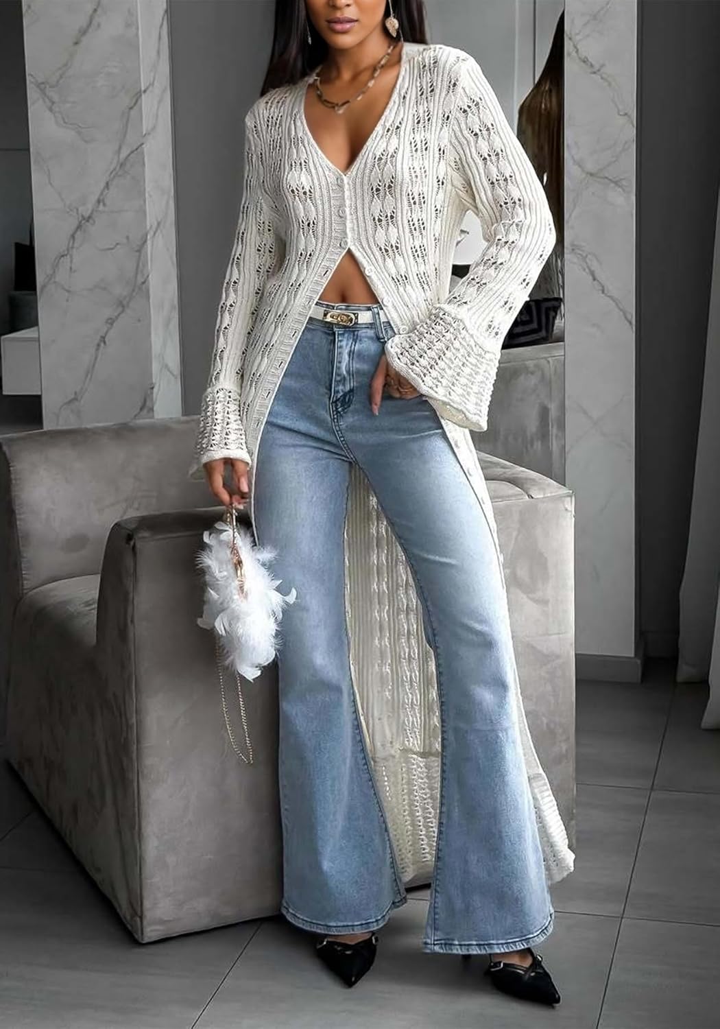 LETSVDO Womens Long Crochet Cardigan Bell Sleeve Ruffle Knit Hollow Out Lightweight Duster Sweater Beach Cover up Dress - Image 3