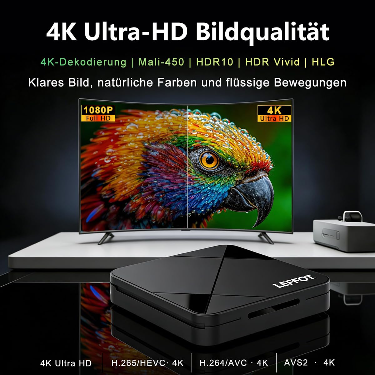 4K UHD Android 14.0 TV Streaming Box 2026, 2GB RAM + 16GB ROM | IP-TV Box Mit Sprachsteuerung, 2.4G/5G WiFi 6, BT 5.4, USB 3.0, 100M Ethernet, HDR10, RK3518 Quad-Core A53