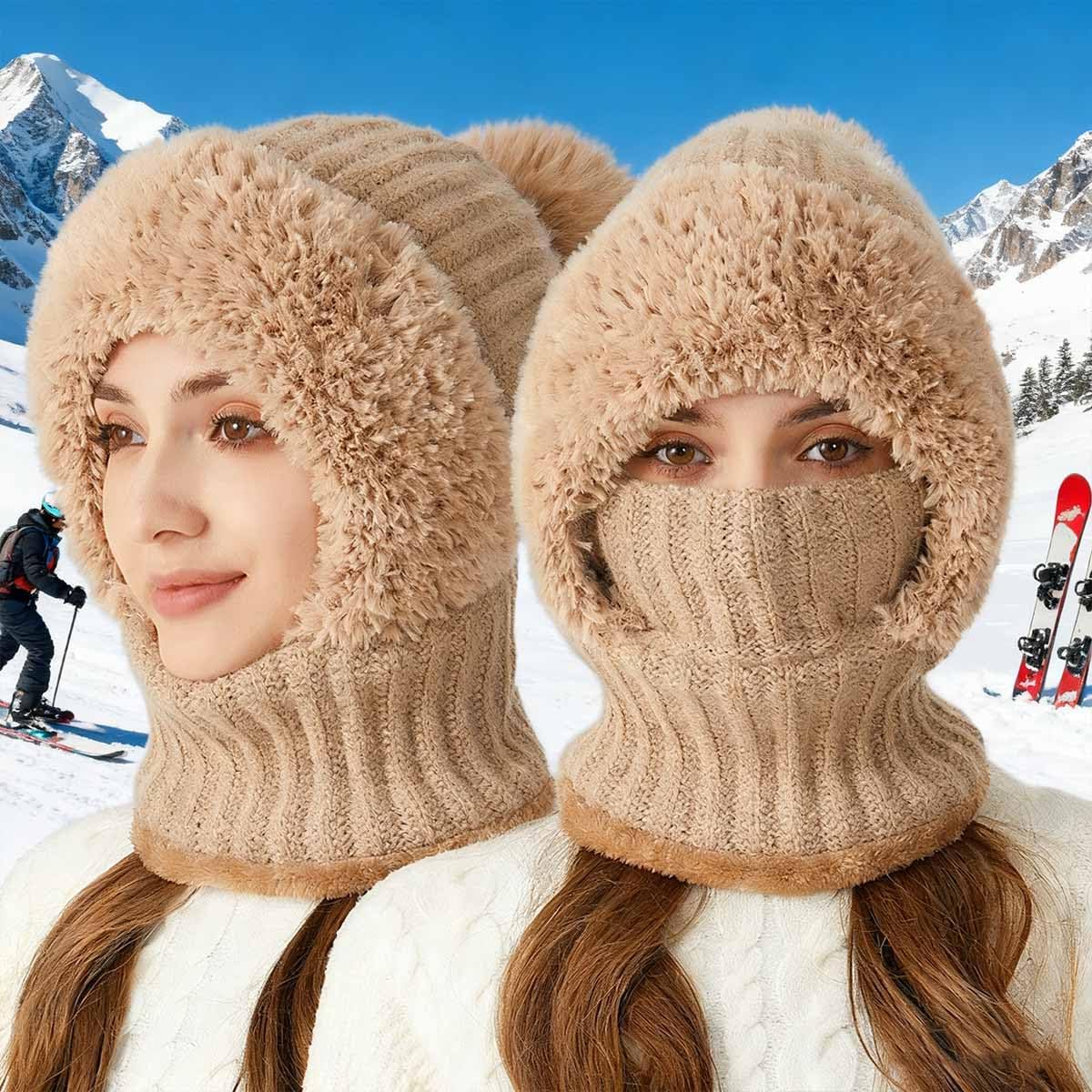 3 in 1 Beanie Hat with Scarf and Mask, Upgrade Women's Knitted Ski Hat, Winter Cold Resistant Hat Face Mask Hooded Scarf - Image 6