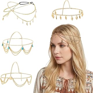 SANNIDHI® 4Pcs Head Chain for Women Gold Sequins Turquoise Tassel Mang Tikka for Women Adjustable Luxury Bohemian Head Jew... Price In India