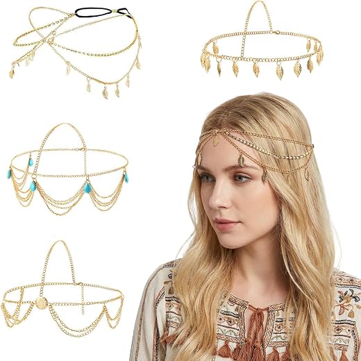 SANNIDHI® 4Pcs Head Chain for Women Gold Sequins Turquoise Tassel Mang Tikka for Women Adjustable Luxury Bohemian Head Jew...