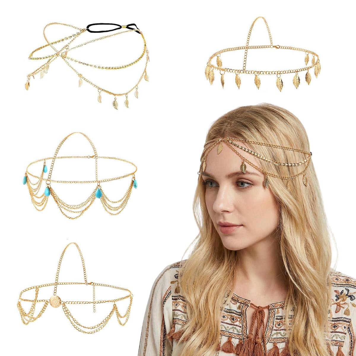 SANNIDHI® 4Pcs Head Chain for Women Gold Sequins Turquoise Tassel Mang Tikka for Women Adjustable Luxury Bohemian Head Jew...