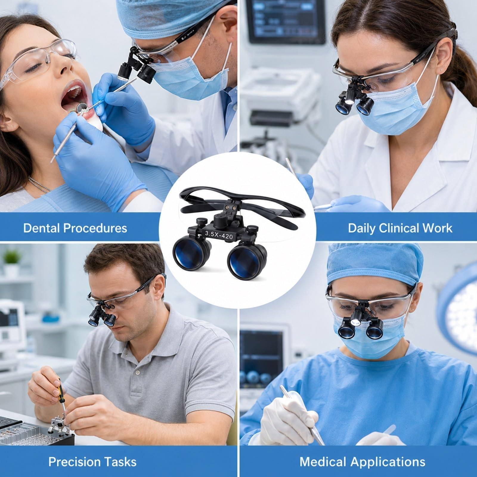 Lupa Binocular Dental con Linterna Frontal Led De 5W, Aumento De 2,5X/3,5X Y Distancia De Trabajo Ajustable De 320-420mm, para Higienistas Dentales Y Laboratorios Silver-2.5X