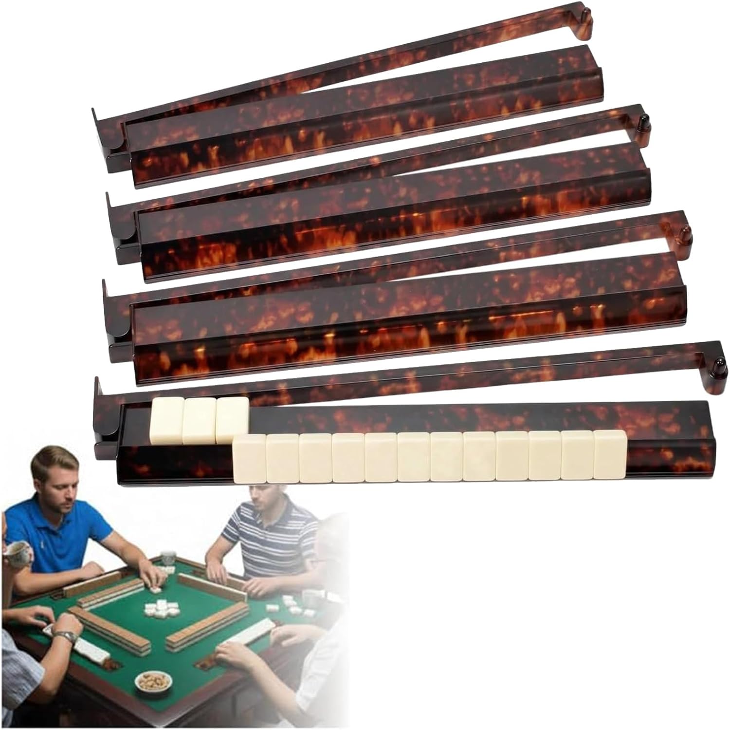 Tortoise Shell Mahjong Racks with Pushers Set of 4, Acrylic Tortoise Mahjong Racks Extended 17.5 Inch Tile Holders, Smooth Sliding Pushers for American Mahjong Game Accessories (4PCS)