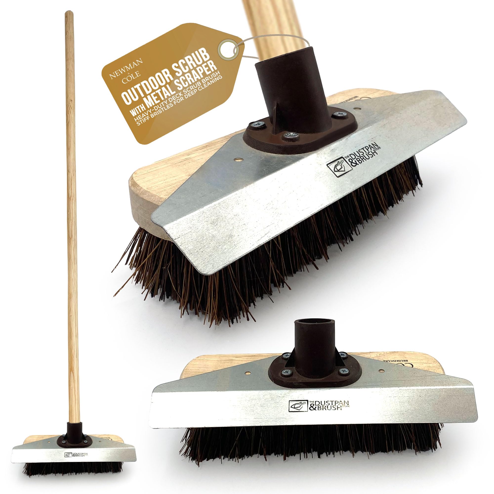 Newman And Cole Deck Scrub With Metal Scraper 9” Yard Brush Outdoor Scrubber With Built-In Metal Scraper Yard Brush Heavy Duty Outdoor With 120Cm Wooden Handle Bassine Garden Broom Sweeping Long Handled Scrubbing Broom