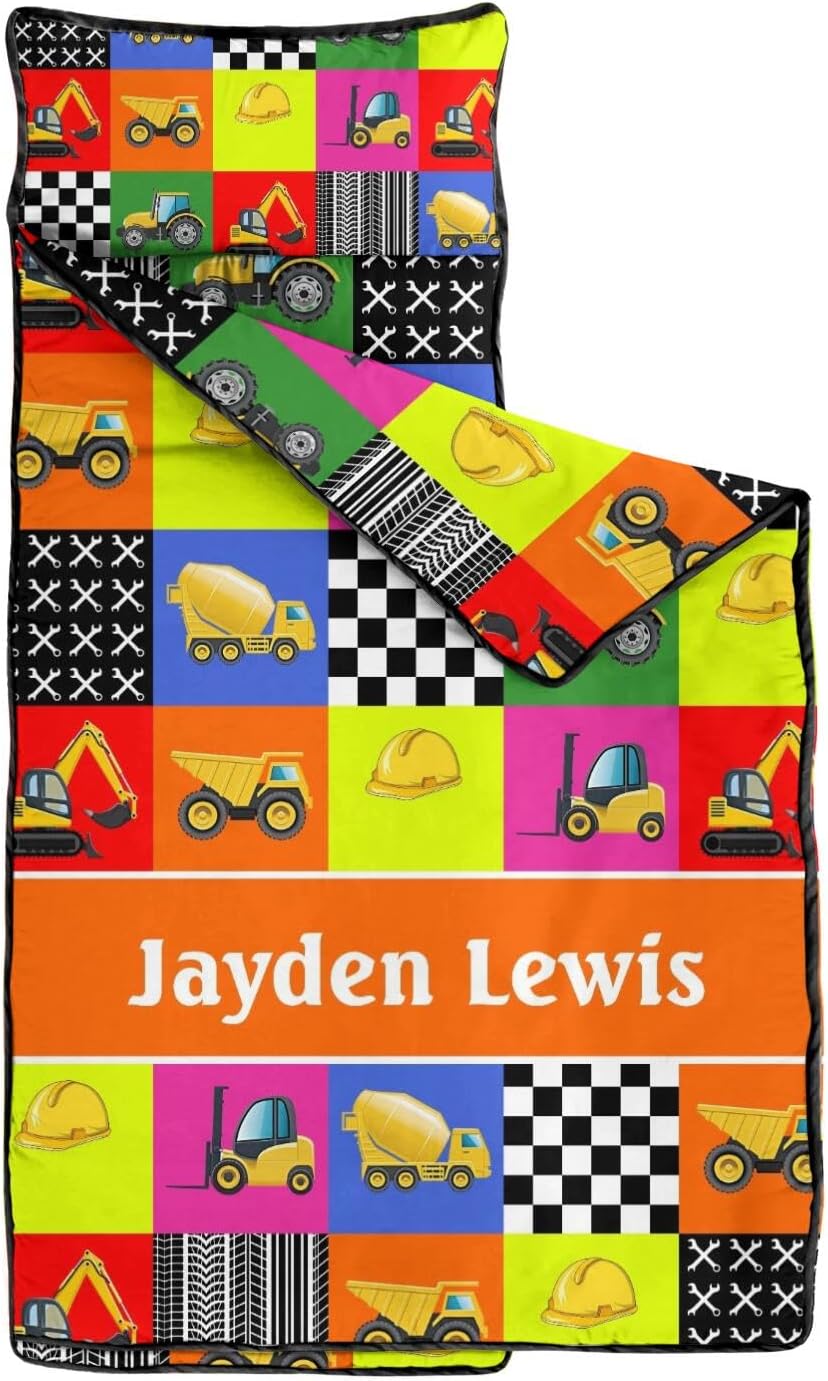 Personalized Constuction Toddler Nap Mat for Boys – Custom Name Sleeping Bag with Pillow & Blanket – Soft & Portable for Daycare, Preschool & Kindergarten