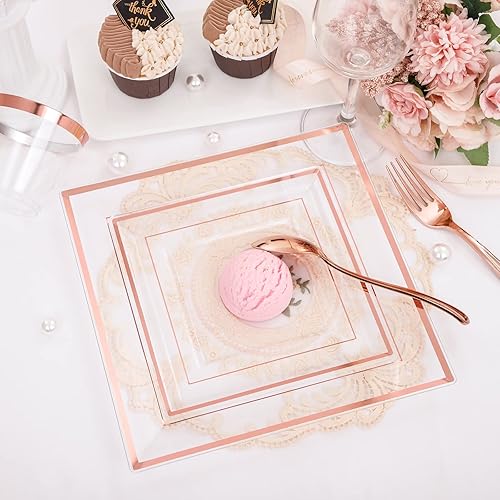 Miniatura 9 de WELLIFE 150 platos cuadrados de plástico de oro rosa, vajilla desechable de oro rosa incluye 50 platos, 25 tazas, 25 cuchillos, 25 tenedores, 25