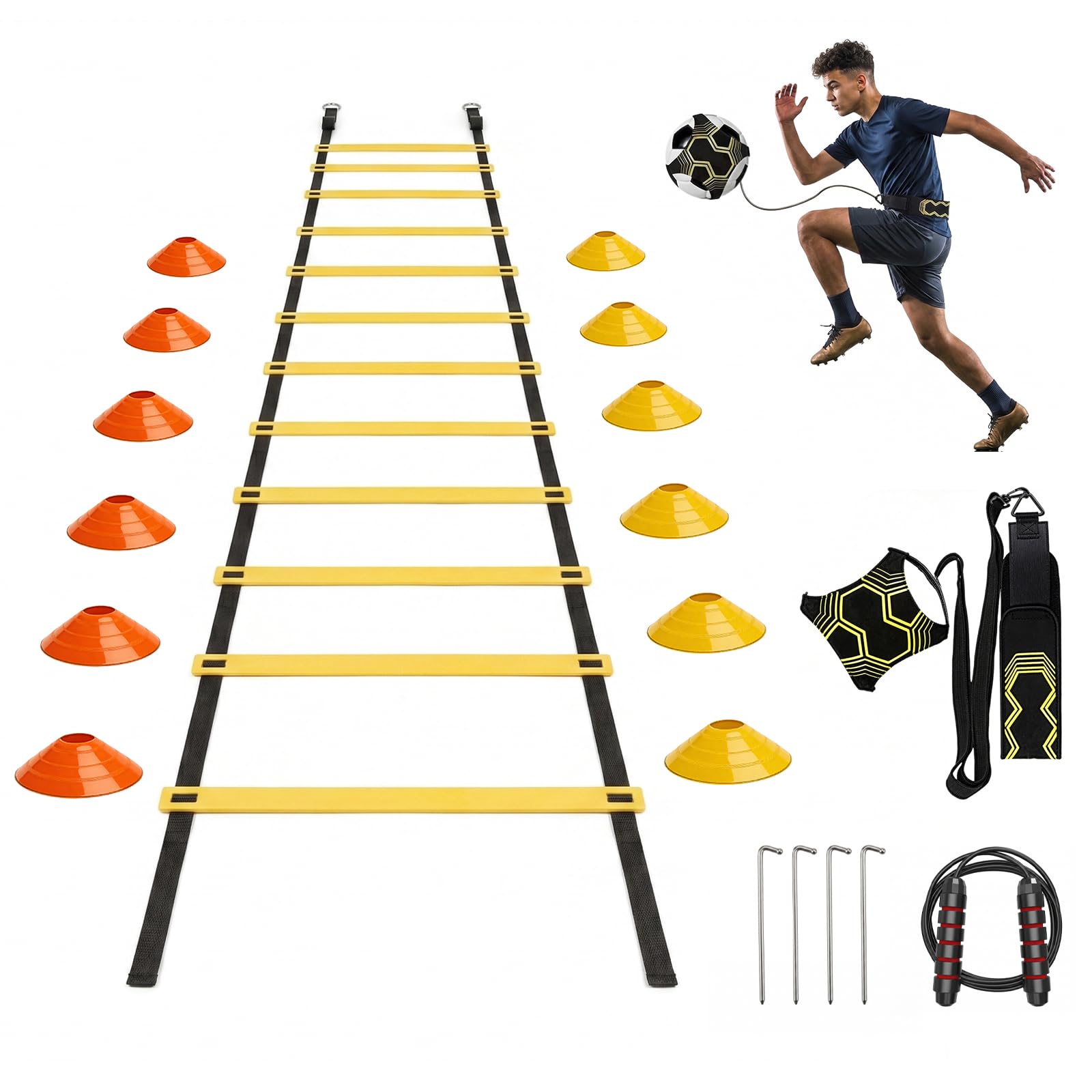 PORFOYO Kit Allenamento Calcio, Set Allenamento Calcio con Scala di Coordinamento 6m, 12 Cinesini, 1 Corda da Salto, Bande Elastiche, Accessori per L'allenamento di Calcio, Set di velocità E Agilità