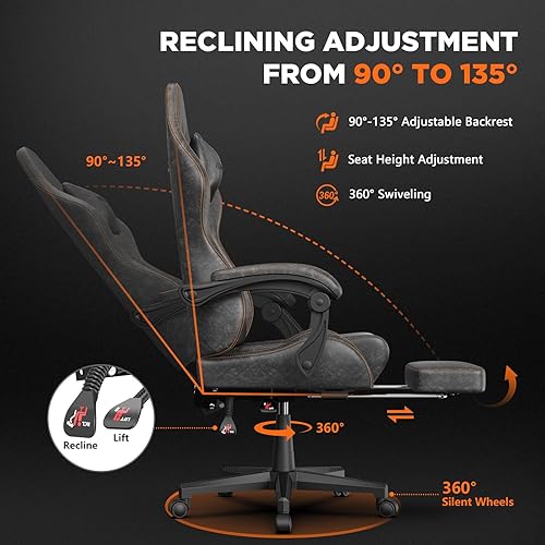 Miniatura 8 de Ferghana Silla vintage de piel sintética para videojuegos, silla de jugador con respaldo alto con masaje, silla ergonómica de oficina para