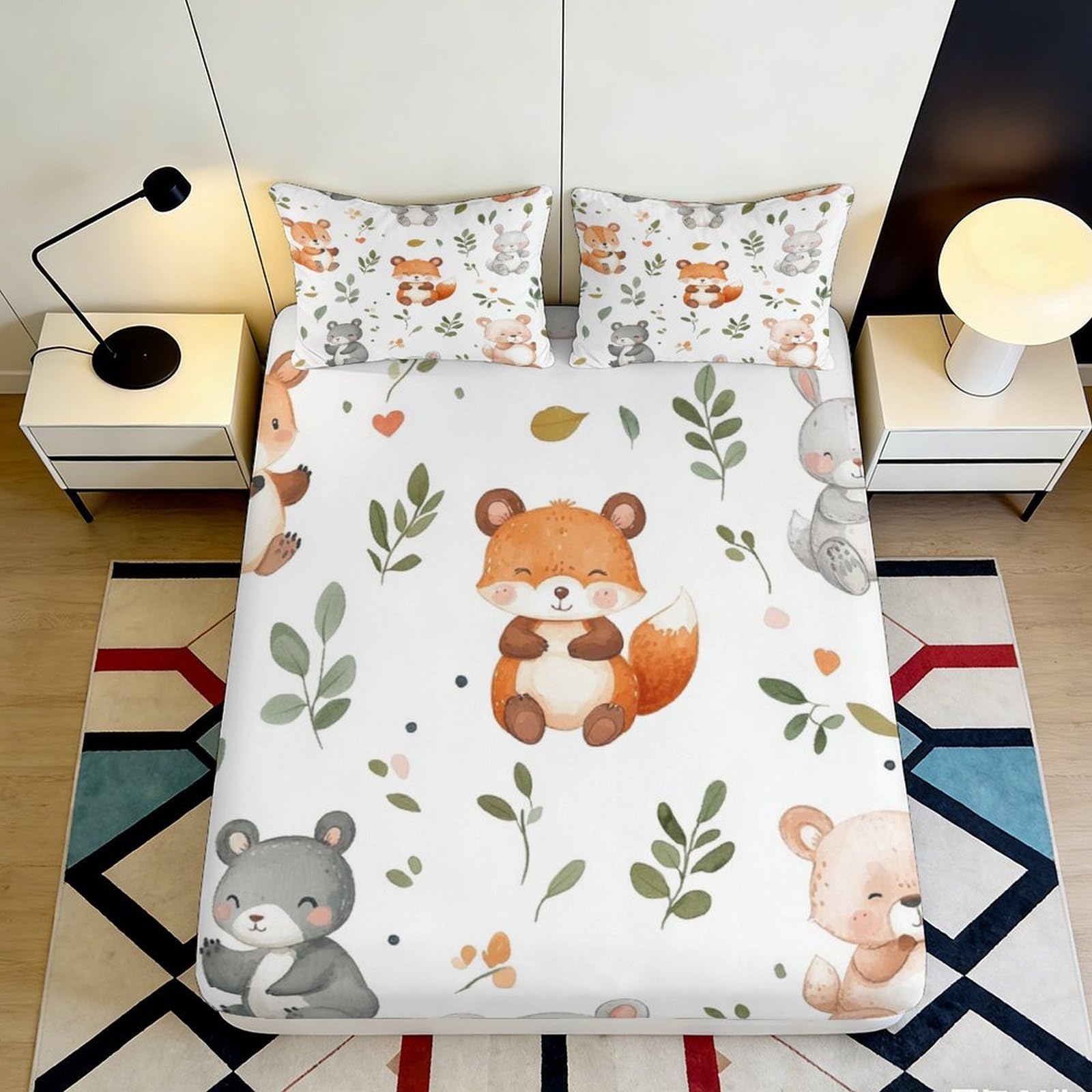 3D Printed Cute Fox Animal Fitted Sheet Microfiber Soft Durable Woodland Pattern Bed Cover for Bedroom Dormitory Guest Room Mattress Protection 90x200x25cm