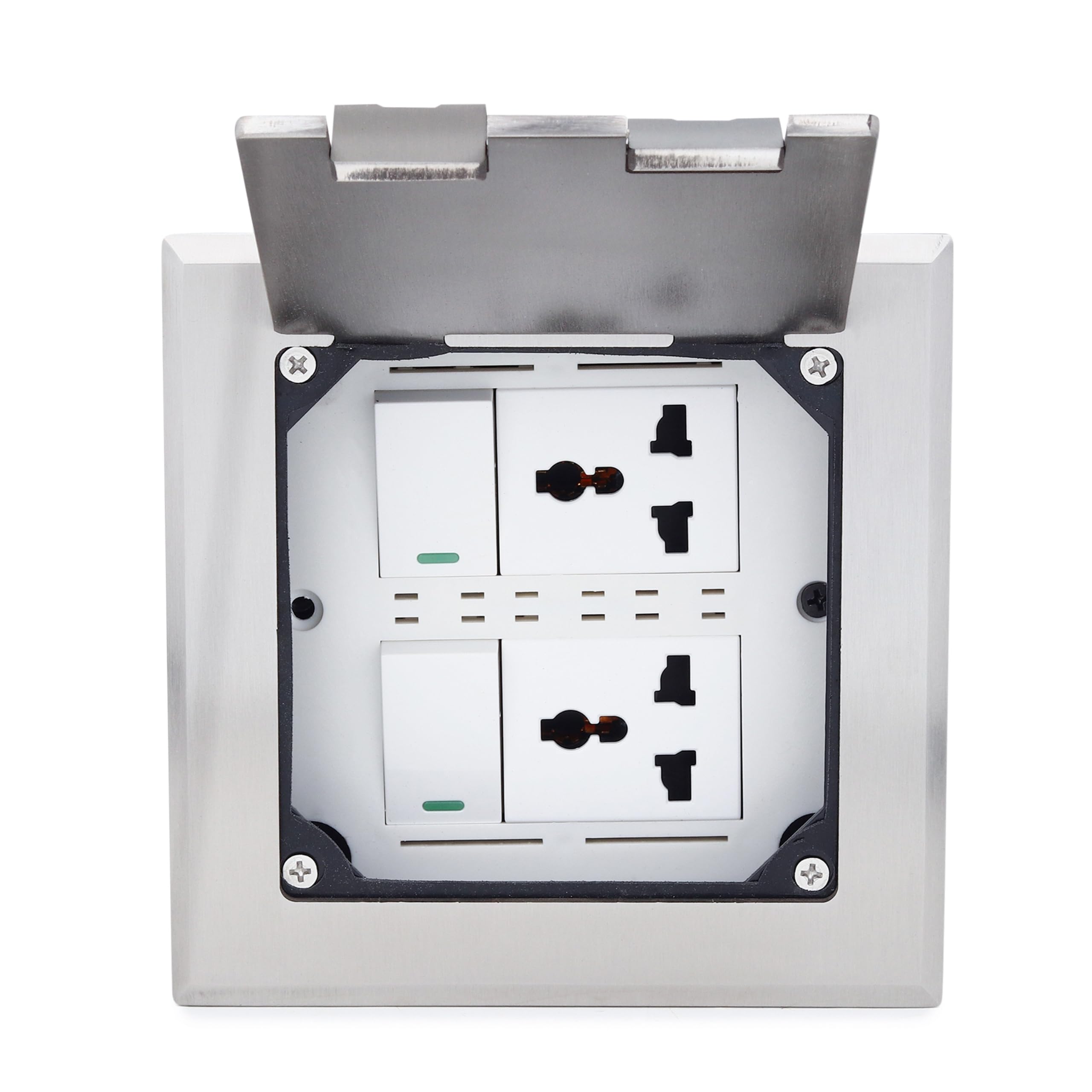 Floor Cable Cubby - 2 Universal Power Sockets, 2 Switch (Silver) | Flush Mount Floor Outlet Box, Heavy Duty Metal Frame with Manual Flip Cover for Offices-image-10