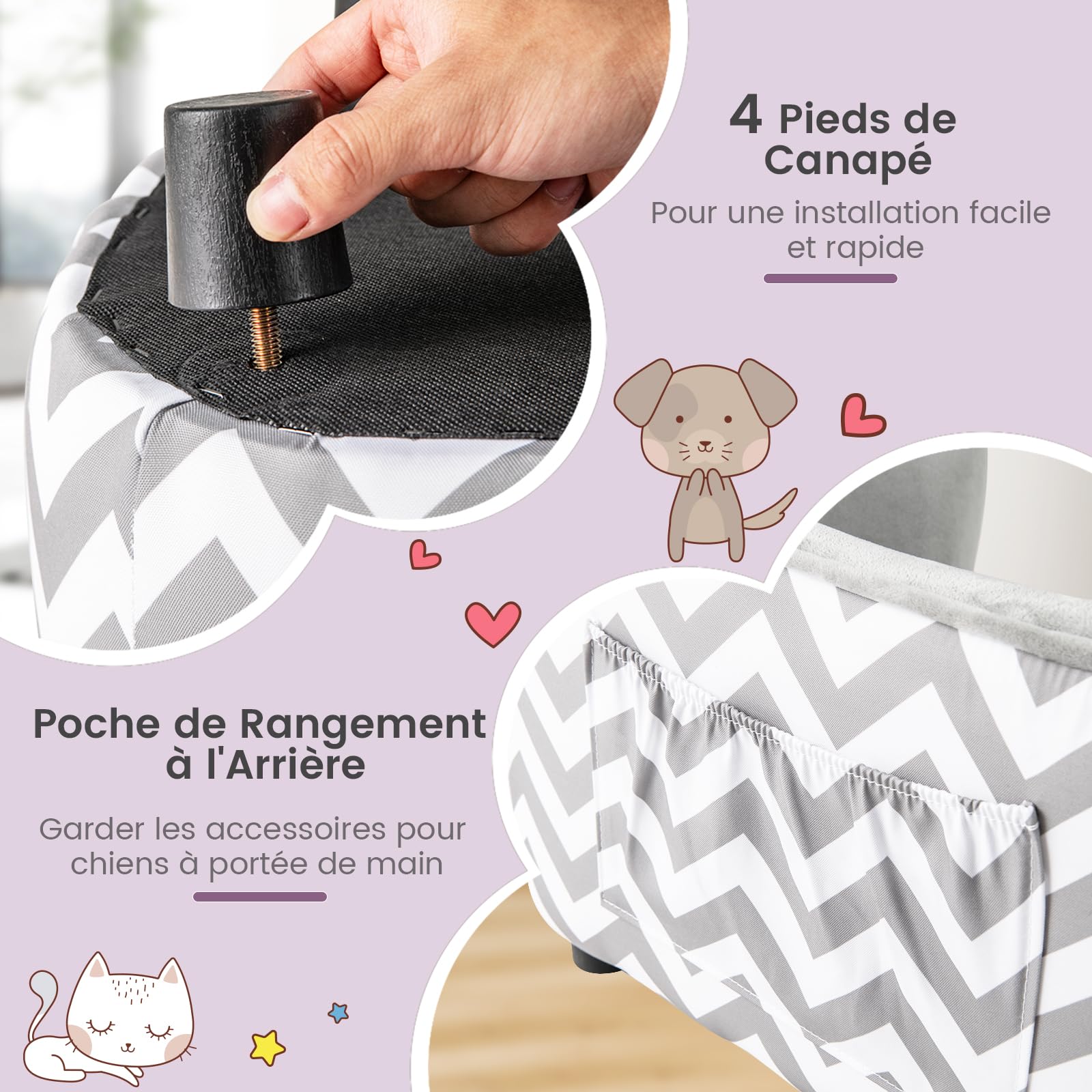 GOPLUS Panier Chien avec Dossier et Accoudoirs Incurvés, Cadre en Bois, Housse Amovible et Lavable, Gris, 50 KG