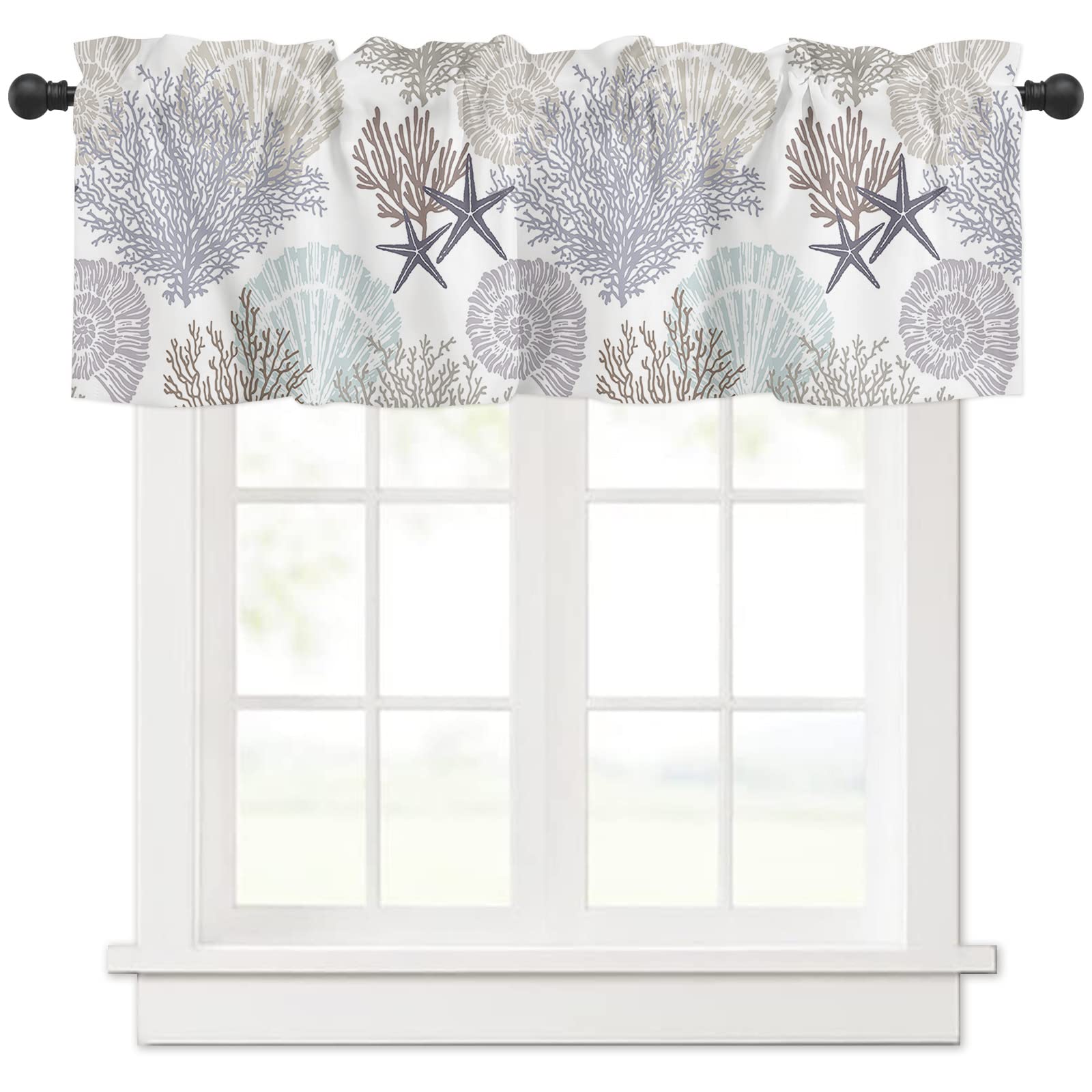 Coral Valance for Windows Starfish Seashell Curtains Valances Grey Ocean Coastal Short Curtains Rod Pocket Window Treatment for Kitchen Living Room