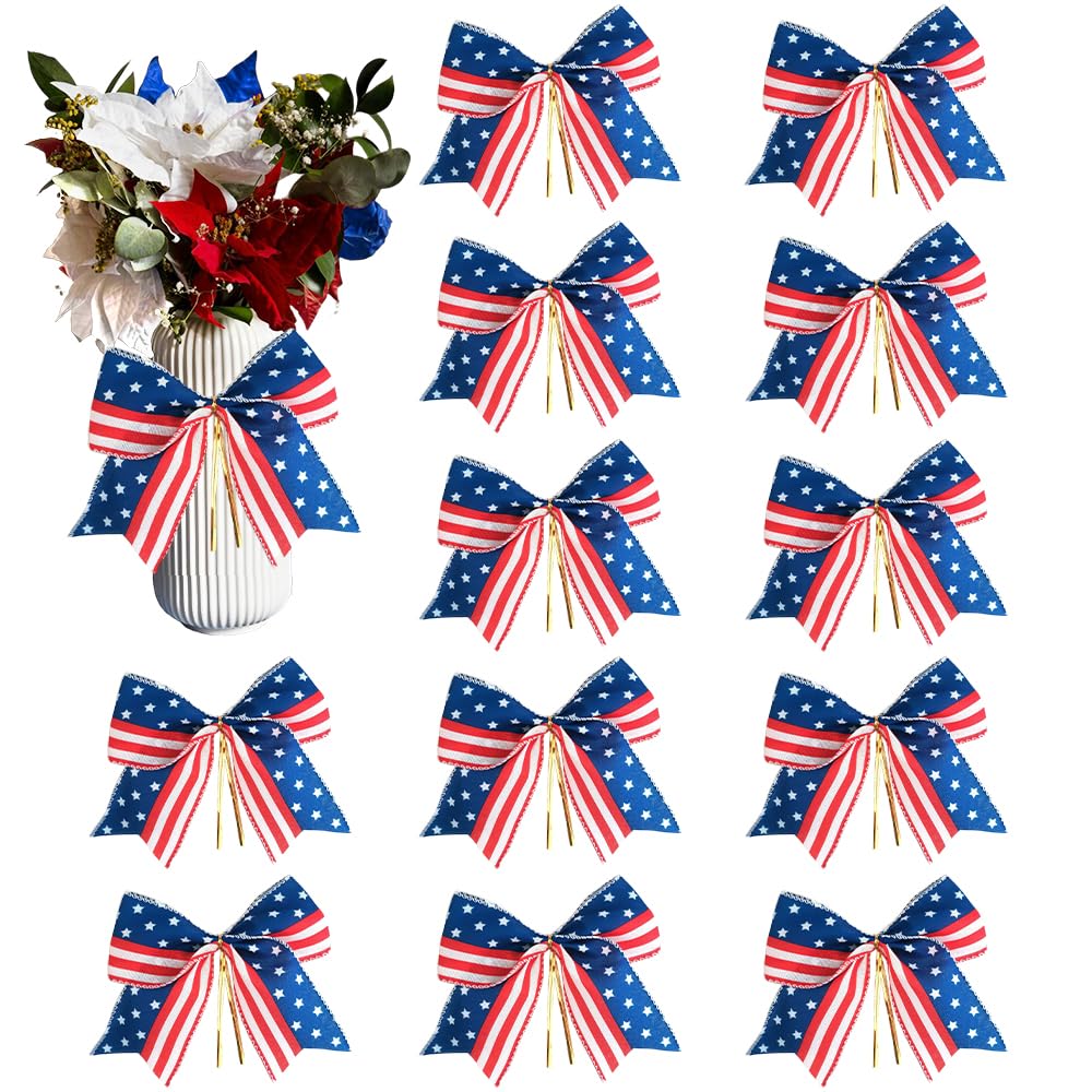 MinimalistXS 12pcs 6 inch 4th of July Decor Bow for Wreath Red White Blue Stripe Stars Tree Topper Bows for Patriotic,Independence Day,Memorial Day Outdoor Decorations 6.3 x5.91 inches (E), 3.15inch