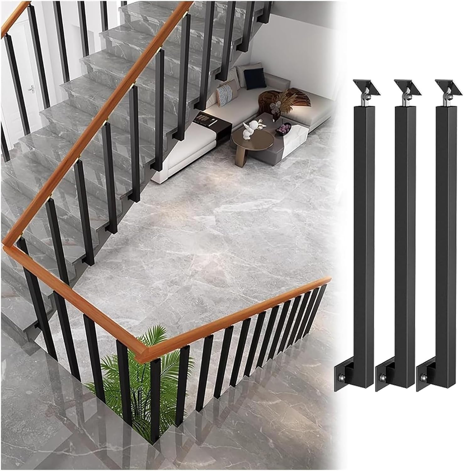 Tiges de main courante en métal noir pour sécuriser l'escalier familial et le balcon