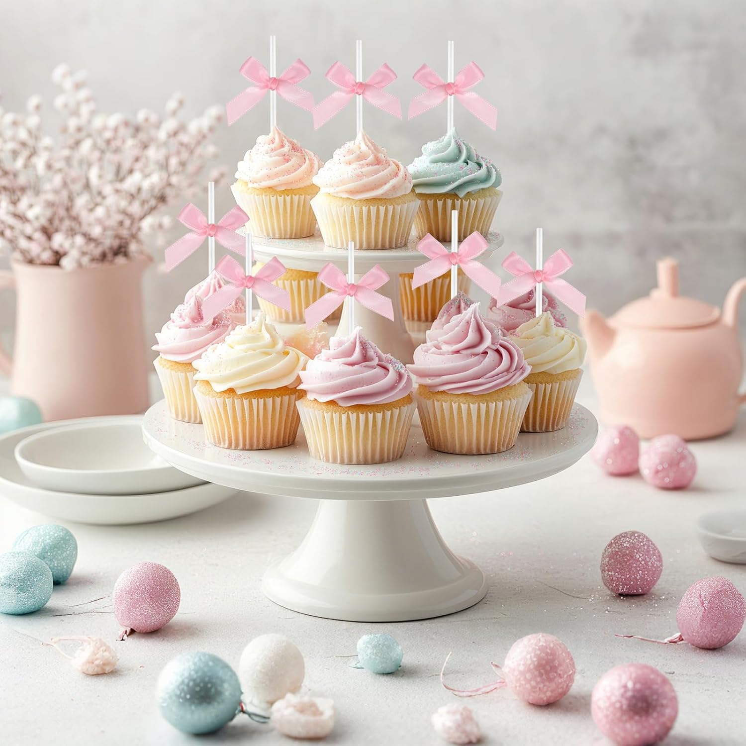 Faccito Pink 50 Sets 6" Bow Cake Pop Sticks for Cupcake Toppers Party