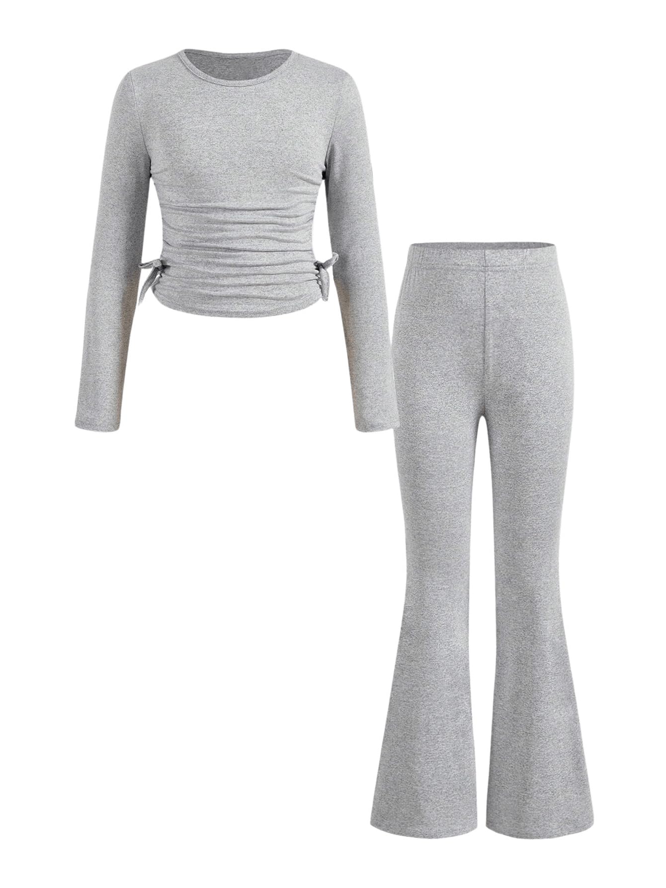 Floerns Conjunto de dos piezas para niña, camiseta de punto con lazo y pantalones acampanados
