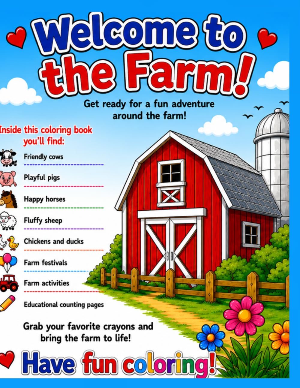 Farm Animals Coloring Book: 45 Fun & Easy Farm-Themed Coloring Pages for Kids Ages 4-8