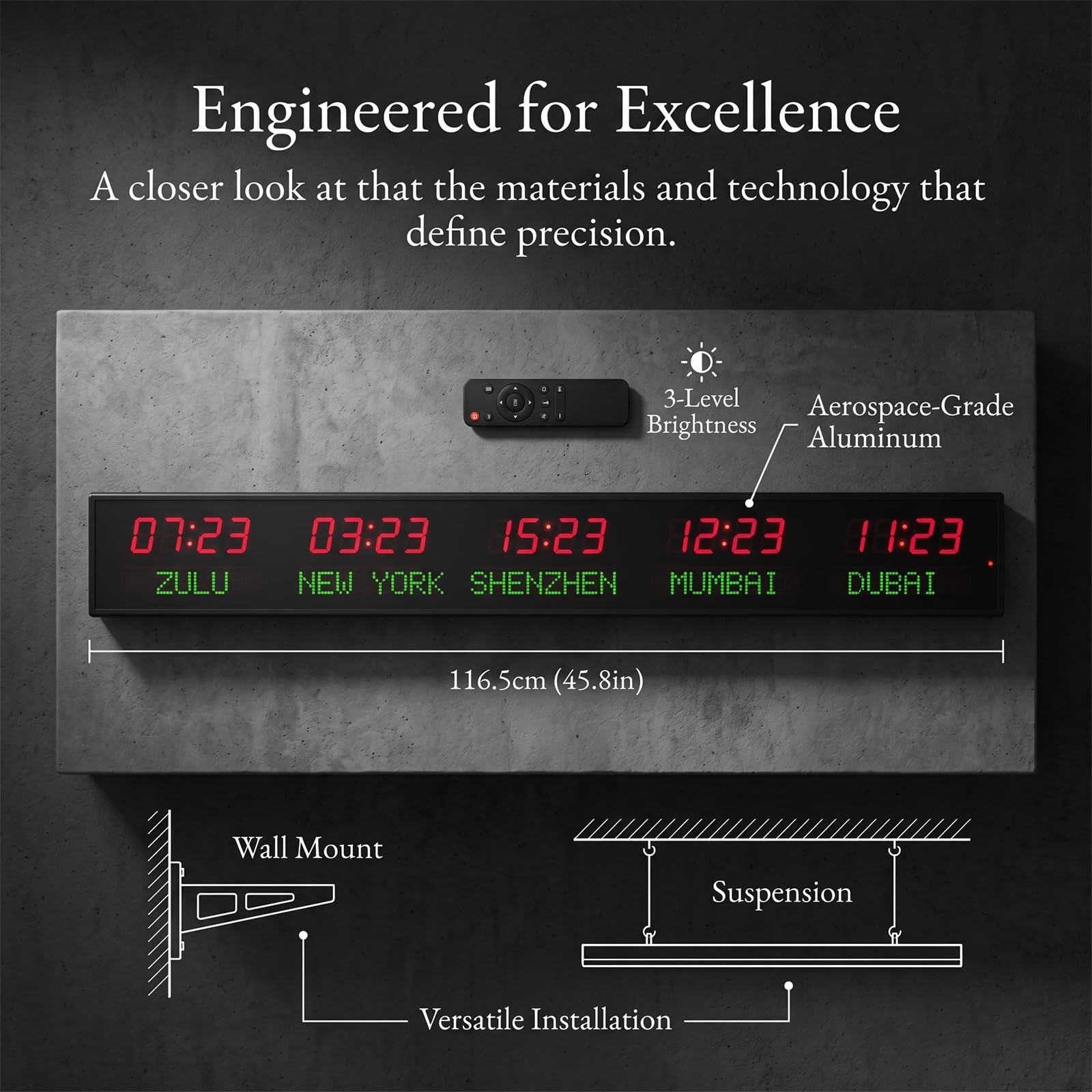 Orologio da parete digitale a LED con telecomando, display a 5 ore città, luminosità a 3 livelli, varie modalità di impostazione per hotel e aeroporti